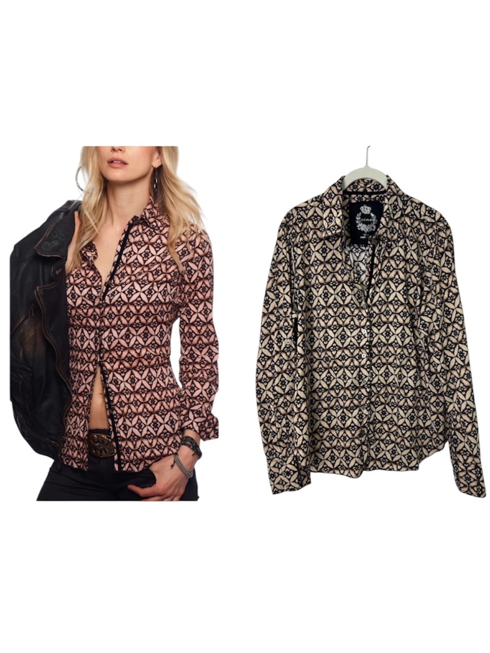 Cino Jaipur Black Button Down Shirt Blouse Size L Novelty print Boho Western